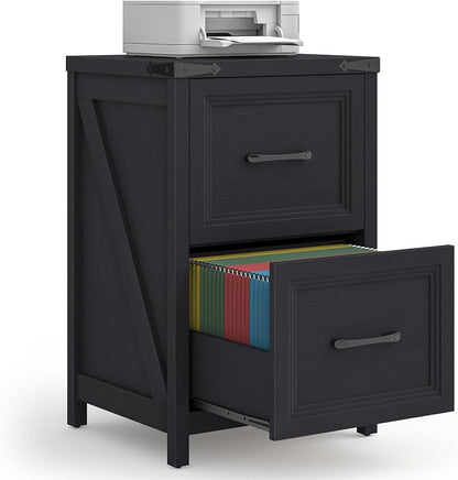 Vabches 2 Drawer Vertical File Cabinet, Wood Farmhouse Filing Cabinet Fits A4/Letter Size, Under Desk Small File Cabinets Printer Stand with Storage for Home Office, Black
