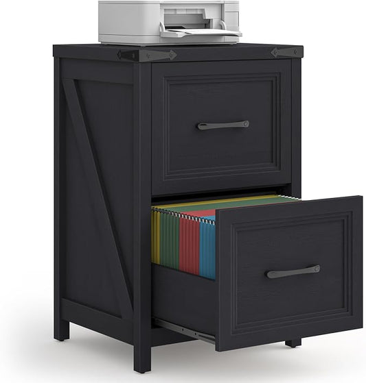 Vabches 2 Drawer Vertical File Cabinet, Wood Farmhouse Filing Cabinet Fits A4/Letter Size, Under Desk Small File Cabinets Printer Stand with Storage for Home Office, Black