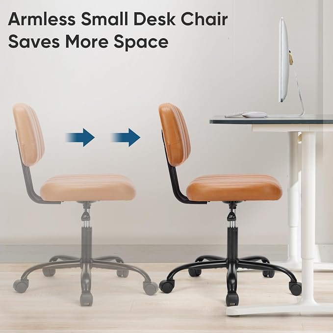 DUMOS Armless Small Home Office Desk Chair - Vanity Task Chair with Low Back, Height Adjustable PU Leather Swivel with 360° Rolling Wheels, Vanity, Bedroom, Deep Brown