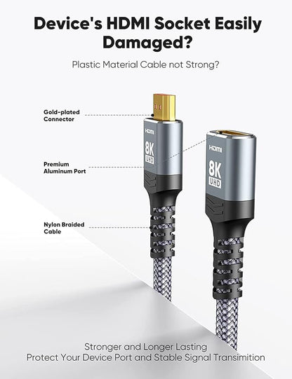 Highwings 8K 4K HDMI Extender Cable 3.3FT/1M Short HDMI Extension Cable 2.1 4K@30Hz/ 60Hz/ 120Hz, Ultra high Speed HDMI Adapter Male to Female Compatible with PS5 Roku Stick Blu Ray Player HDTV Laptop