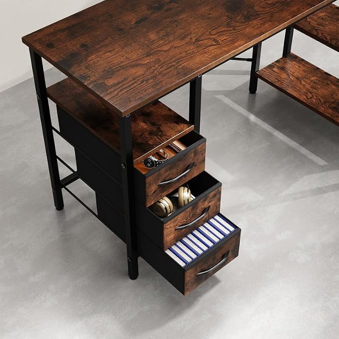Simple Deluxe L Shaped Gaming Desk with Power Outlets, 55 Inch Computer Desk with 3 Drawers, Shelves, Corner Computer Desk for Gaming, Corner Work, Home Office, Study, Rustic Brown