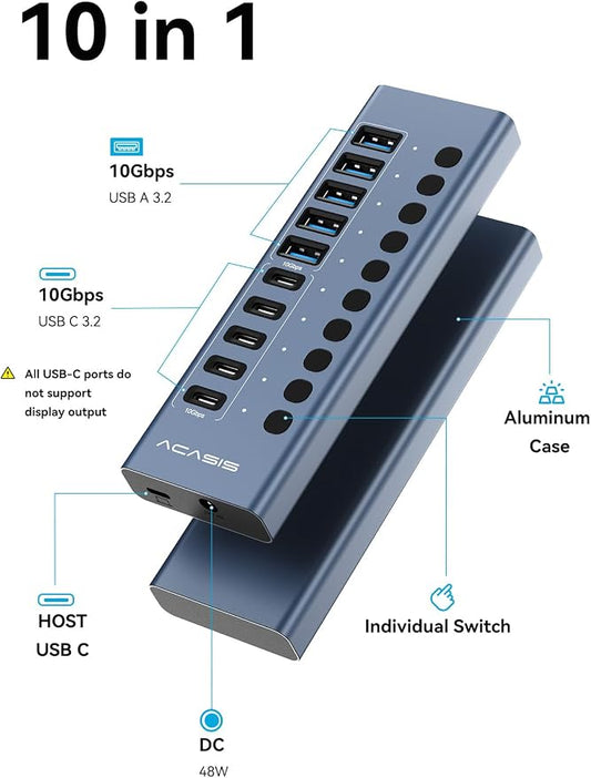 Powered USB 3.2 Hub, ACASIS 10 Ports USB 3.2 Hub(5 USB-A 3.2 Ports+5 USB-C 3.2 Ports), Aluminum USB Hub Powered with 48W Power Adapter, USB Hub for PC/Laptop, Computer, Flash Drive, Printer, Camera