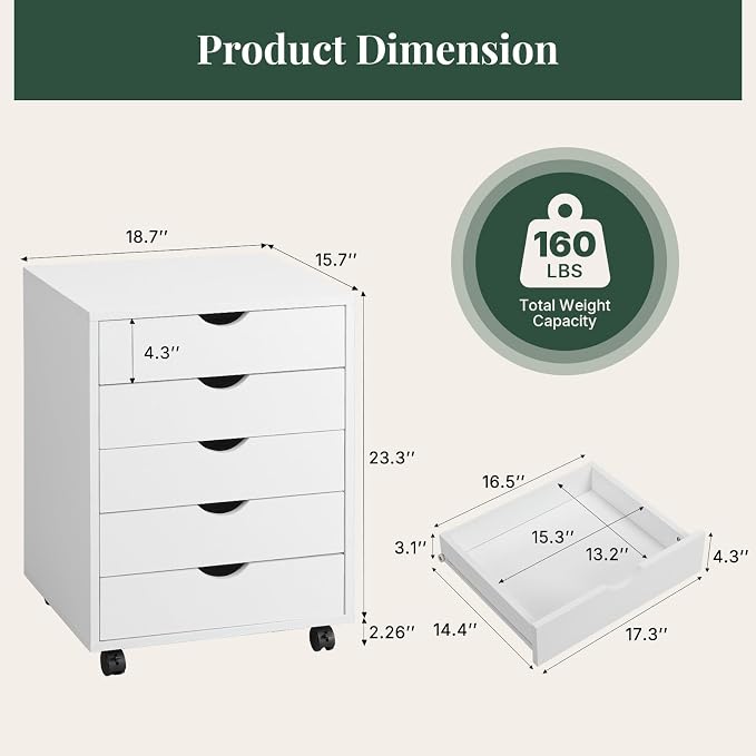Mobile File Cabinet Under Desk, 5 Drawer Storage Organization with Wheels, Vertical Filing Chest Rolling Wood Small Desk Printer Stand for Home Office, 15.75" D x 18.74" W x 25.39" H