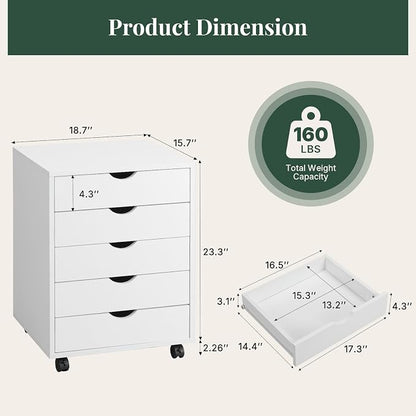 Mobile File Cabinet Under Desk, 5 Drawer Storage Organization with Wheels, Vertical Filing Chest Rolling Wood Small Desk Printer Stand for Home Office, 15.75" D x 18.74" W x 25.39" H
