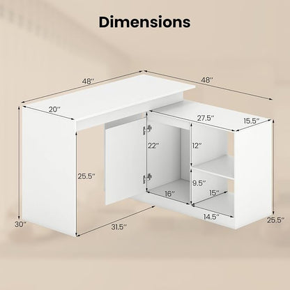 Tangkula Reversible L-Shaped Desk w/Storage Cabinet & 4 Shelves, White Corner Desk for Writing Study, Modern Computer Desk for Small Spaces, Executive Laptop Workstation for Home Office
