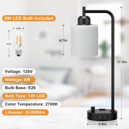Industrial Bedroom Table Lamps for Bedside - White Opal Glass Shade Desk Lamps with USB C Port, Fully Dimmable Black Lamps with USB Port and Outlet, Reading Nightstand Lamp for Office Living Room