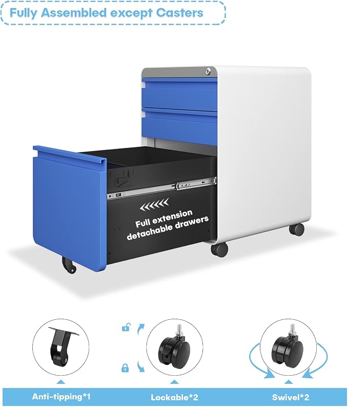 Dripex 3 Drawer Blue File Cabinet, Mobile Under Desk Storage File Cabinet with Lock on Wheels, Letter/Legal Size, Fully Assembled, Small Short Vertical Metal Rolling Filing Cabinets for Home Office