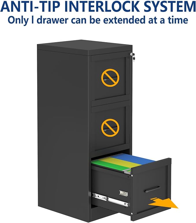 Ckzbx 3 Drawer File Cabinet with Lock, Narrow Vertical Filing Cabinet, Under Desk File Cabinets,Black Metal File Cabinets for Home Office,Fit Letter/A4/Legal Size File