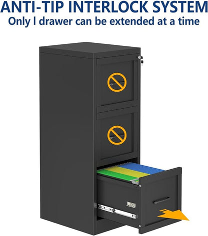 Ckzbx 3 Drawer File Cabinet with Lock, Narrow Vertical Filing Cabinet, Under Desk File Cabinets,Black Metal File Cabinets for Home Office,Fit Letter/A4/Legal Size File