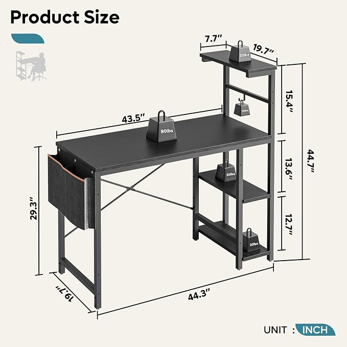 Bestier Gaming Desk with LED Lights, 44 Inch PC Gamer Desk for Small Spaces, Computer Desk with Reversible Storage Shelves & Side Storage Bag (Black Grained)