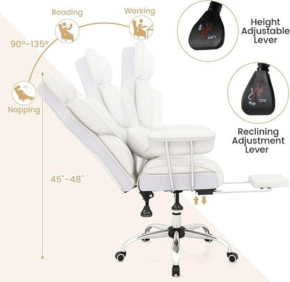 COSTWAY 400 LBS Big and Tall Office Chair, PU Leather Executive Desk Chair w/Retractable Footrest, Reclining Function, Lumbar Support, Ergonomic High Back Home Computer Task Chair, White