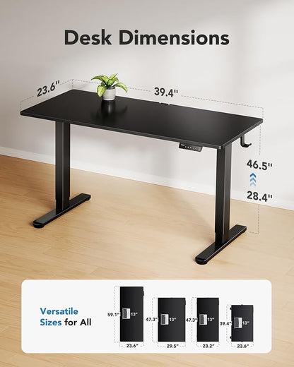 HUANUO Electric Standing Desk, Whole Piece Desktop, Adjustable Height Computer Desk, 4 Height Memory Settings, Sit Stand Up Desk for Home Office, 40" x 24", Black