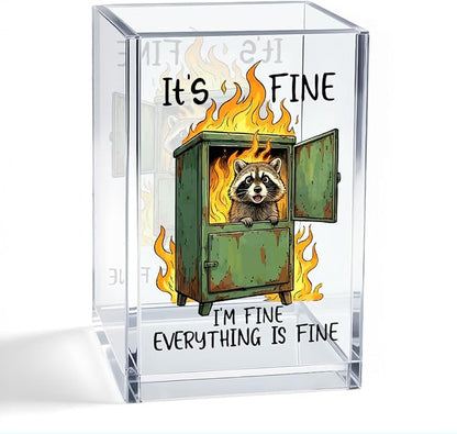 WHETHER It's Fine Raccoon Acrylic Organizer Pencil Pen Holder, Cute Raccoon Makeup Brush Storage, Office Humor Desk Accessories for Women Teacher Principal Student Colleague Boss
