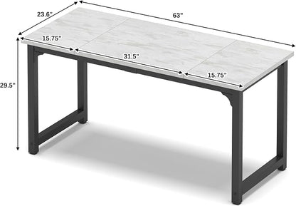 NSdirect 63" Large Computer Desk,Modern Simple Style PC Table Office Desk Wide Workstation for Study Writing,Gaming and Home Office,Extra 1" Thicker Wooden Tabletop and Black Metal Frame,White+Black