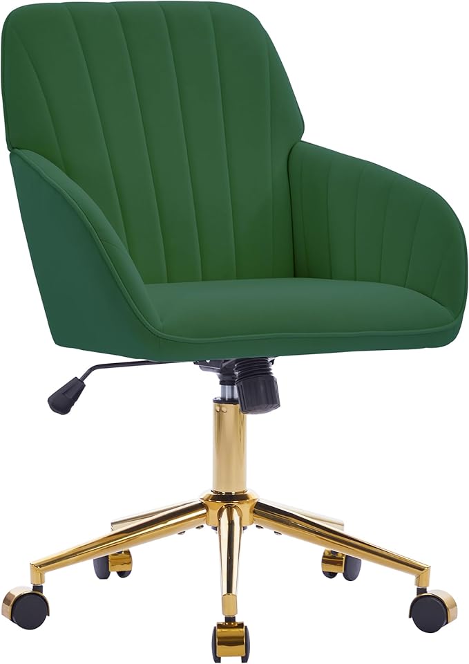 Velvet Home Office Desk Chair, Modern Cute Computer Task Chair with Back, Height Adjustable Upholstered Vanity Chair with Swivel Wheels for Women, Girls (Gold Base, Green