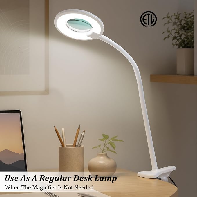 Clip On Magnifier Desk Lamp, Flexible Gooseneck, 2-in-1 Magnifying Glass 3X+6X Led Work Light for Reading, 3 Dimmable Office Magnifying Lamp, Hands Free Mag Desk Lamp for Crafts Sewing Needlepoint