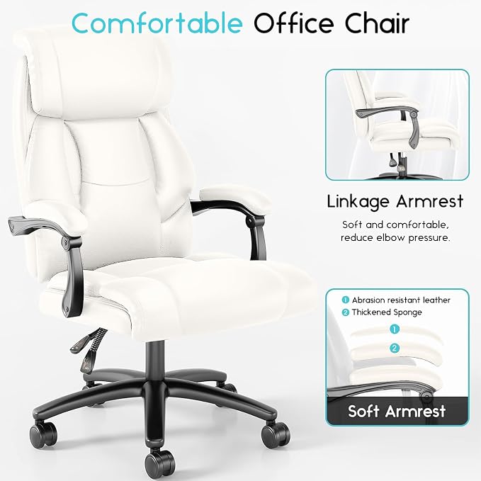 Ollega Big and Tall Reclining Executive Office Chair, 400lbs Leather, White | Breathable waterproof desk chair for home office; 92°-138° recline for back pain relief; wide seat for cross-legged sitting