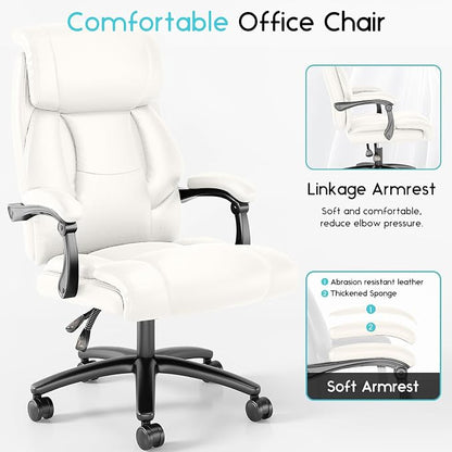 Ollega Big and Tall Reclining Executive Office Chair, 400lbs Leather, White | Breathable waterproof desk chair for home office; 92°-138° recline for back pain relief; wide seat for cross-legged sitting