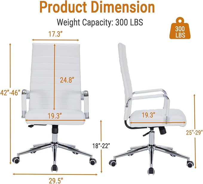Sidanli Ergonomic Desk Chairs, Executive Swivel Faux Leather High Back Chair with Comfortable Lumbar Support and Smooth Rolling Wheels for Office, White