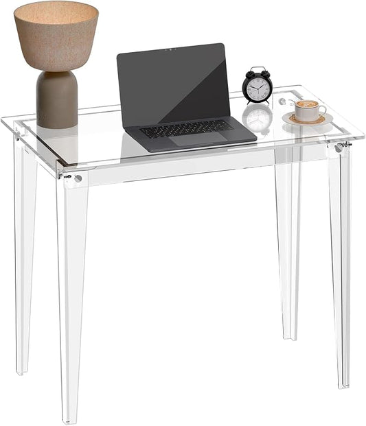 HMYHUM Acrylic Computer Desk, Modern Study Desk for Home, Office, Writing, Vanity, Easy Assembly Right-Angle Legs Design, Clear, 35.4" L x 19.7" W x 29.5" H