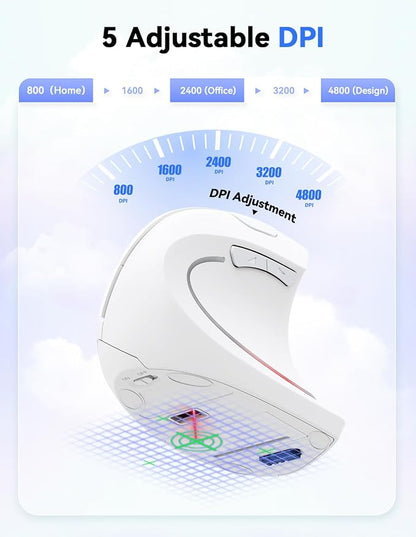 TECKNET Ergonomic Mouse, 4800 DPI Wireless Vertical Mouse with 5 Adjustable DPI Levels, 6 Buttons, 2.4GHz Optical Carpal Tunnel Mouse for Laptop, Desktop, PC, MacBook - White