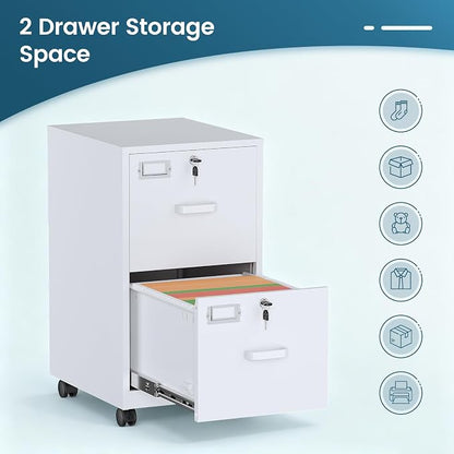 MIIIKO 2 Drawer File Cabinet with Lock, Metal Vertical Filing Cabinets for Home Office, Lockable File Storage Cabinets Under Desk, A4/Letter File Folders Storage-Assembly Required