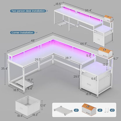 SEDETA 66" L Shaped Desk with Power Outlet, Reversible Home Office Computer Desk with File Drawer & Monitor Shelf, Storage Shelves, LED Lights for Corner Small Spaces, White