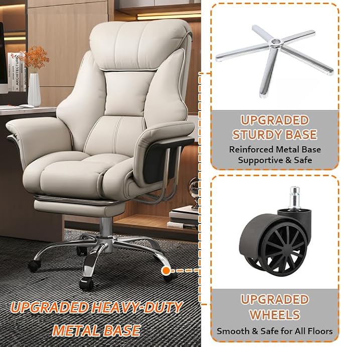 Big and Tall Office Chair 550 lbs Extra Wide Leather Executive Chair with Retractable Footrest, Heavy-Duty Ergonomic Chair, Adjustable Height Computer Gaming Chairs