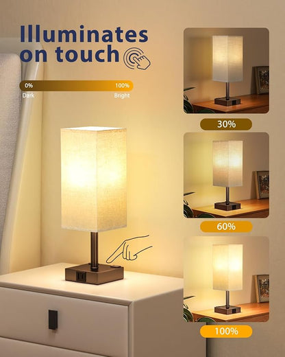 aooshine Brown Touch Table Lamp - Bedside Lamp with USB A + Type C Charging Ports and Two AC Outlets, Small Night Stand with E26 LED Bulb, Desk Light for Bedroom Living Room Office Dorm