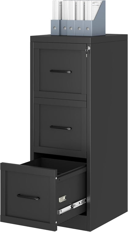 Ckzbx 3 Drawer File Cabinet with Lock, Narrow Vertical Filing Cabinet, Under Desk File Cabinets,Black Metal File Cabinets for Home Office,Fit Letter/A4/Legal Size File