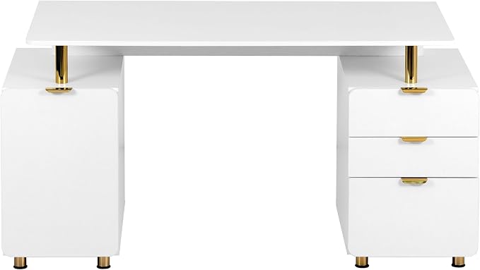 Elegant 57" W Executive Desk with 3 Drawers and Storage Cabinet, Modern Office Desk with Gold Accents, Floating Work Surface, Closed Storage with Ventilation & Adjustable Shelf (White,Gold)