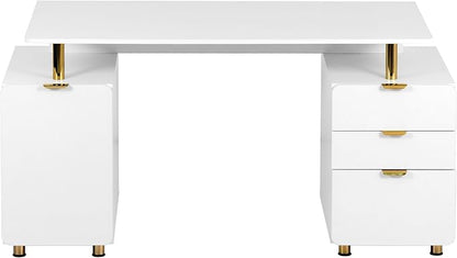 Elegant 57" W Executive Desk with 3 Drawers and Storage Cabinet, Modern Office Desk with Gold Accents, Floating Work Surface, Closed Storage with Ventilation & Adjustable Shelf (White,Gold)