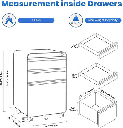 Dripex 3 Drawer File Cabinet, Mobile Under Desk Storage File Cabinet with Lock on Wheels, Letter/Legal Size, Fully Assembled, Vertical Metal Rolling Filing Cabinets for Home Office (Orange+White)