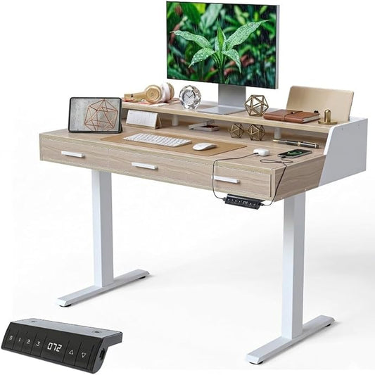CubiCubi Standing Desk 48x26 Inches with 3 Wood Drawers and Monitor Shelf, Ergonomic Rising Home Office Desks, Height Adjustable Computer Desk, Sit Stand Up Electric Workstation Table, Pale Walnut