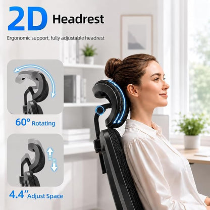 Ergonomic Office Chair, Breathable Mesh Back and Seat, High Back Desk Chair with Adjustable Lumbar Support, 5D Armrests, 135° Reclining Backrest, 2D Headrest, Home Office Computer Chair