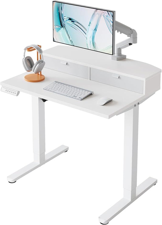 HUANUO 32" X 21" Electric Standing Desk with 2 Drawers, C-Clamp Mount Compatible, Height Adjustable Computer Desk, Home Office Stand Up Desk with 4 Preset Heights & 2 Hooks, White