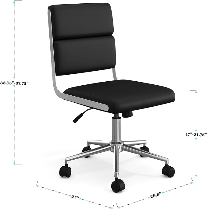 Martha Stewart Lulu Swivel Task Chair with Height Adjustable Seat for Home Office in Black Faux Leather with Polished Nickel Frame