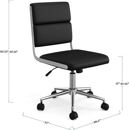 Martha Stewart Lulu Swivel Task Chair with Height Adjustable Seat for Home Office in Black Faux Leather with Polished Nickel Frame