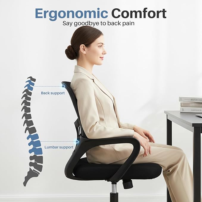 DUMOS Home Office Desk Chair - Ergonomic Mid Back with Lumbar Support & Rocking Mode, Height Adjustable with Fixed Armrest, for Conference, Computer, Meeting Room, 360° Swivel, Adults, Black