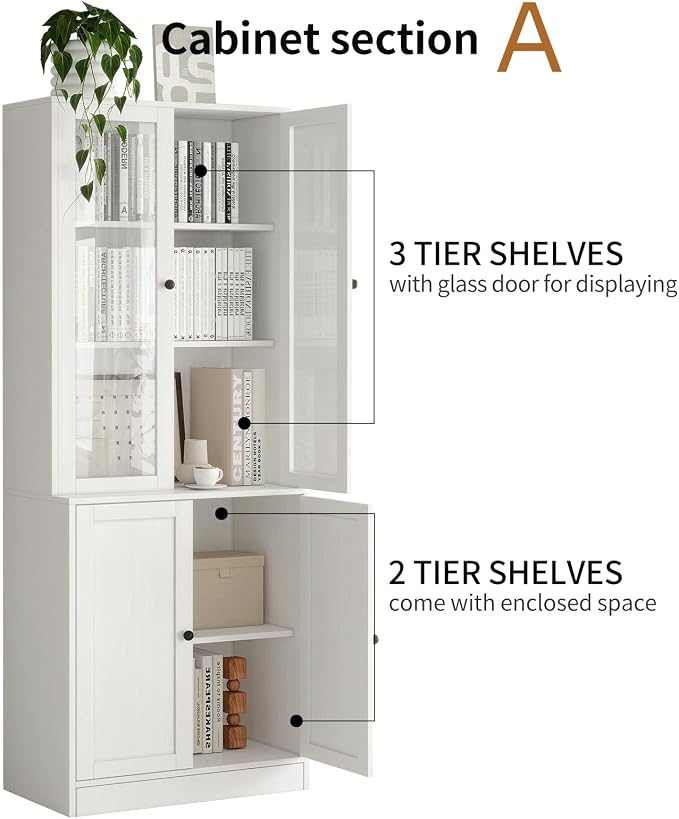 TUSY 71'' Bookshelf with Doors - 5 Tier Freestanding Tall Bookcase, Modern Storage Cabinet for Home Office, Curio Cabinets with Glass Door for Living Room, Bedroom (2, White)