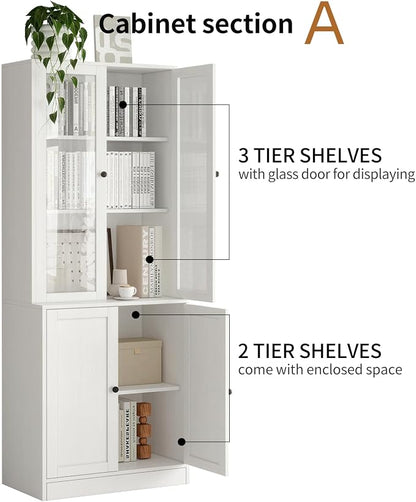 TUSY 71'' Bookshelf with Doors - 5 Tier Freestanding Tall Bookcase, Modern Storage Cabinet for Home Office, Curio Cabinets with Glass Door for Living Room, Bedroom (2, White)