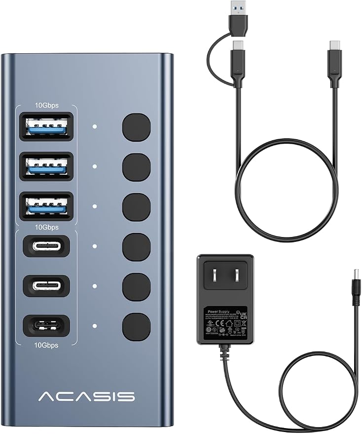 Powered USB 3.2 Hub, ACASIS 6 Ports USB 3.2 Hub(3 USB-A 3.2 Ports + 3 USB-C 3.2 Ports), Aluminum USB Hub Powered with 48W Power Adapter, USB Hub for PC/Laptop, Computer, Flash Drive, Printer, Camera