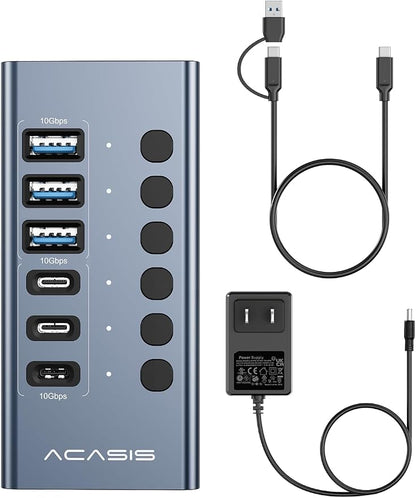 Powered USB 3.2 Hub, ACASIS 6 Ports USB 3.2 Hub(3 USB-A 3.2 Ports + 3 USB-C 3.2 Ports), Aluminum USB Hub Powered with 48W Power Adapter, USB Hub for PC/Laptop, Computer, Flash Drive, Printer, Camera