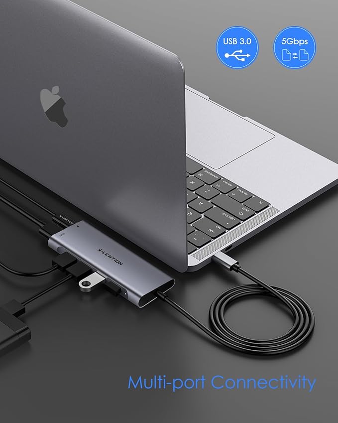 LENTION 3.3FT Long Cable USB C Hub with 4K HDMI, 100W PD Charging, 4 USB 3.0 Port & LED Indicator for MacBook Pro/Air, Dell XPS, HP, Chromebook, More, Stable Driver Adapter (C35-1M, Space Gray)