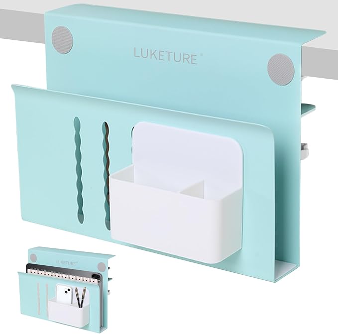 LUKETURE Desk Side Storage Laptop Holder No Drill Clamp On Organizer | Steel Side Desk Organizer, Clamp on Laptop Mount with Pen Holder, Hanging Storage for Home Office, Fits 0.3" to 2.8"