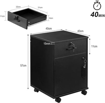OFCASA 2 Drawer File Cabinet with Lock, Small Rolling Filing Cabinets for Home Office, Wood Under Desk File Cabinet with Wheels, Mobile Storage Organizer, Printer Stand for Letter/Legal, Black