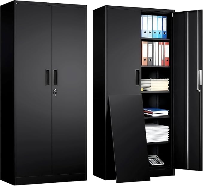 Metal Garage Storage Cabinets,71” Tall Metal Storage Cabinet with Lock and 5 Adjustable Shelves, Locking Cabinets for Office, Home, Garage, Warehouse 71" H x 32" W x 16" D (Black)