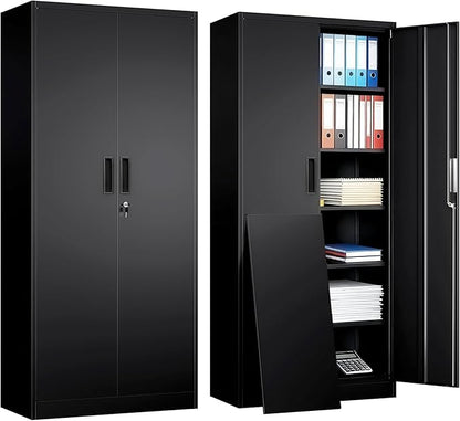 Metal Garage Storage Cabinets,71” Tall Metal Storage Cabinet with Lock and 5 Adjustable Shelves, Locking Cabinets for Office, Home, Garage, Warehouse 71" H x 32" W x 16" D (Black)
