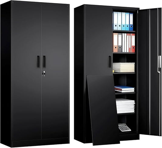Metal Garage Storage Cabinets,71” Tall Metal Storage Cabinet with Lock and 5 Adjustable Shelves, Locking Cabinets for Office, Home, Garage, Warehouse 71" H x 32" W x 16" D (Black)