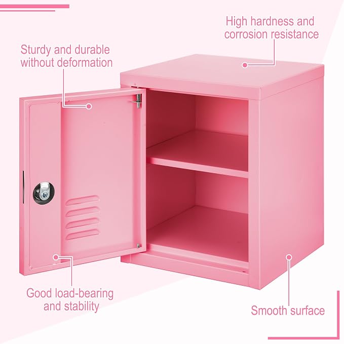Suzile Lockable Storage Cabinet Metal Lockable Steel Storage Cabinet Organizer Lockers for Employees Vertical Metal Cabinets End Side Table Steel Bedside with Shelf (Pink)